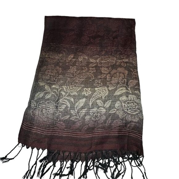 Pashmina Brown 100% Cashmere Floral Paisley Tasseled Shawl Scarf Wrap 28”x 66” - Picture 6 of 10
